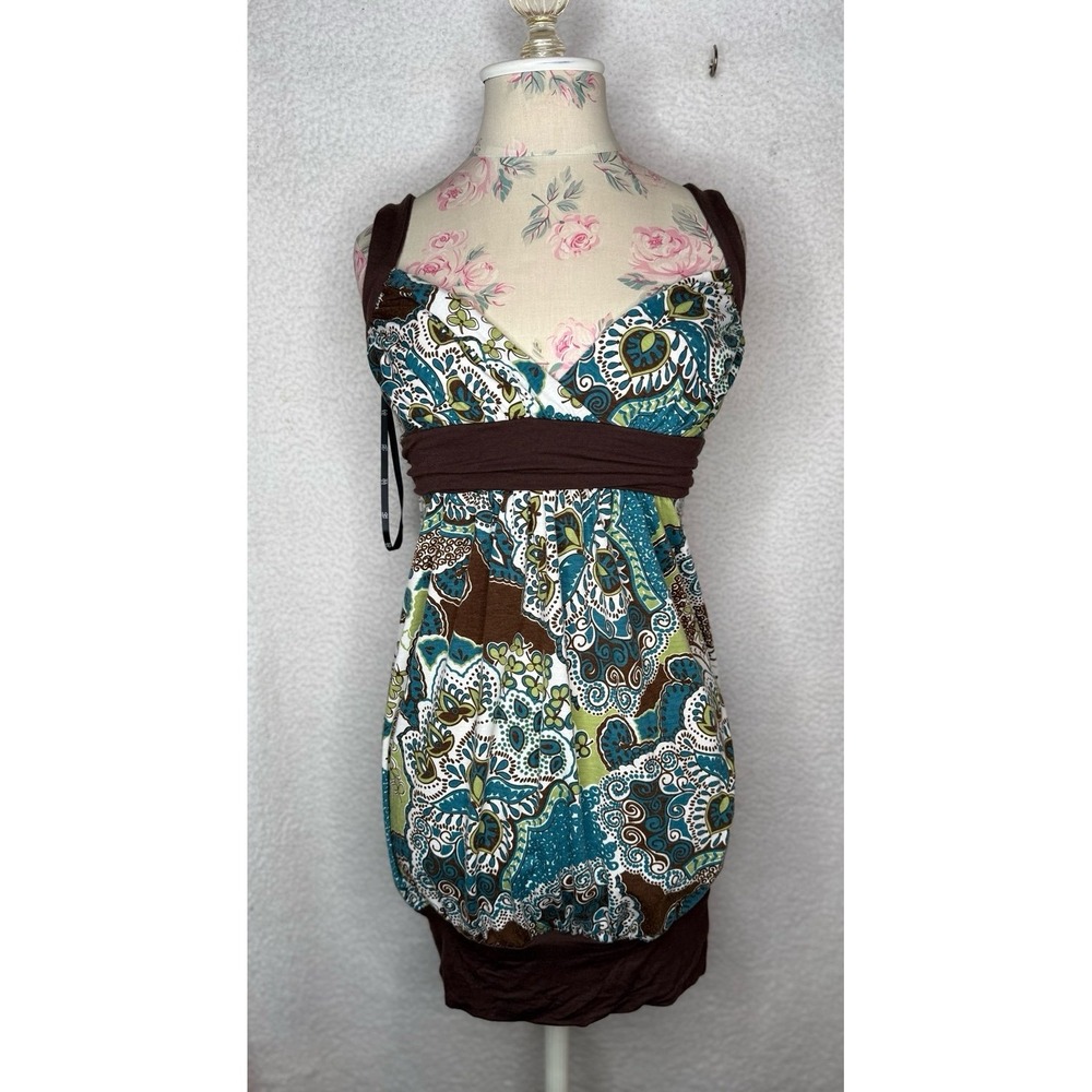Womens Paisley Empire‎ Waist Bubble Hem Tunic Mini Dress Sz S Y2K Boho Vintage
